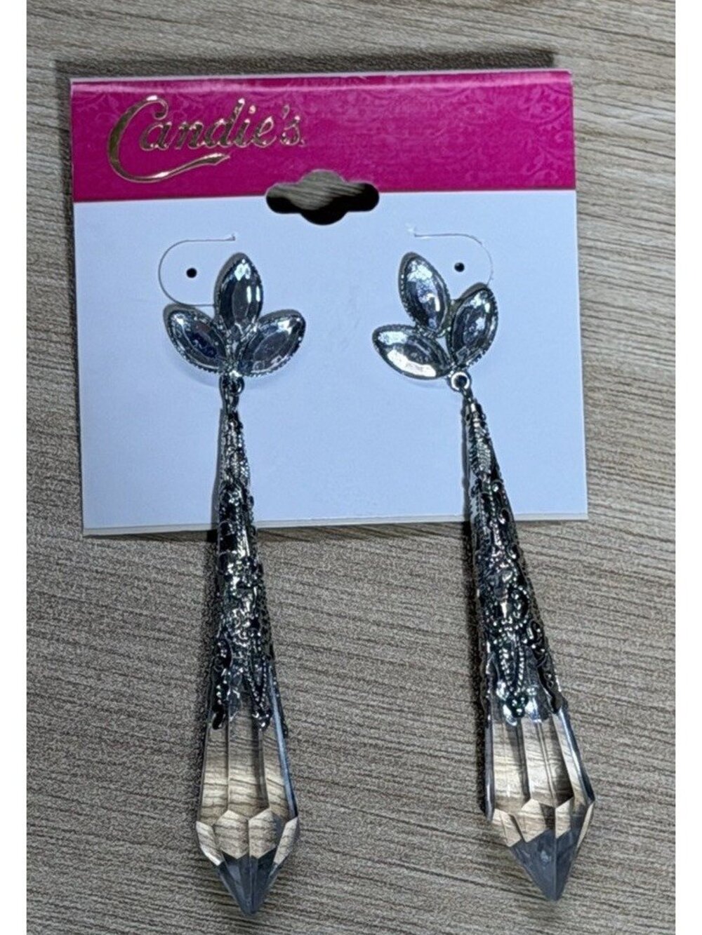 Candie’s Drop Earrings Filigree Vintage Clear Plastic NEW NOS